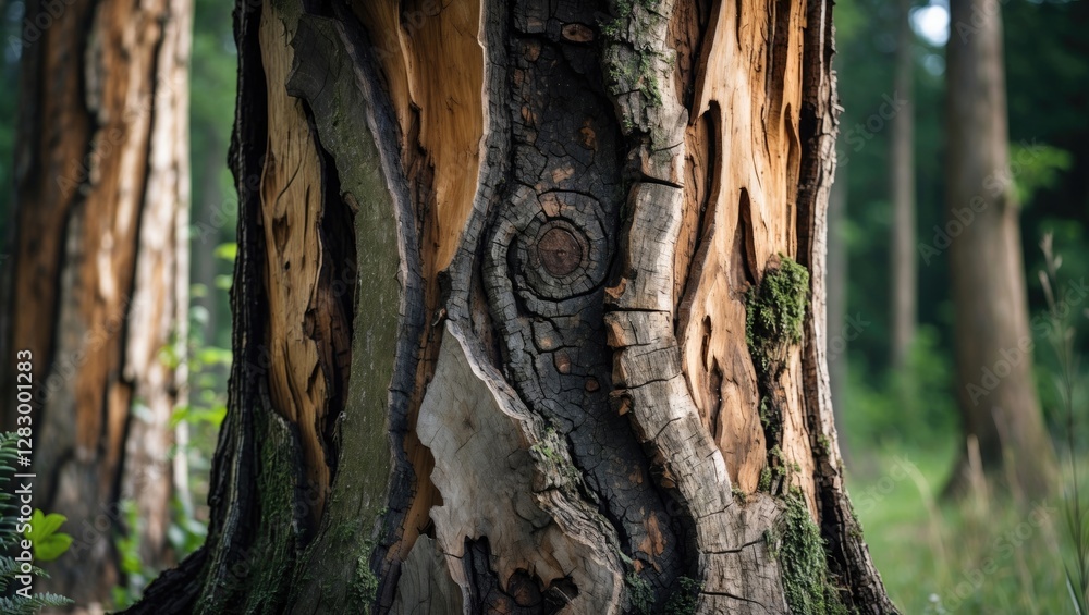 Poster textured close-up of an ancient tree trunk revealing intricate patterns and natural decay in a seren
