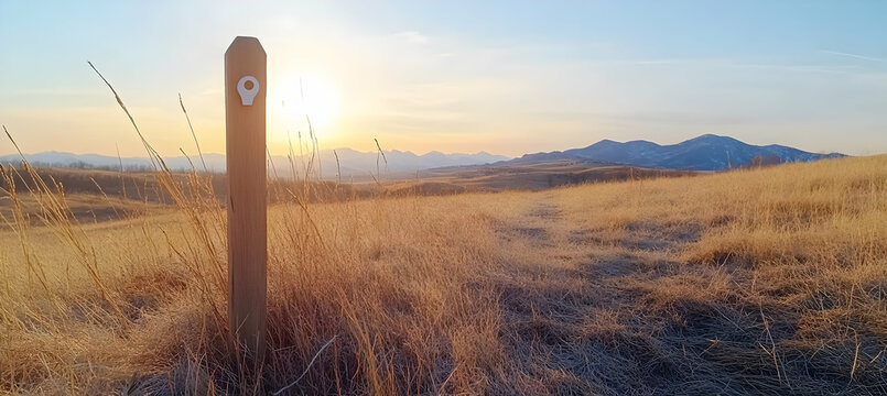 Sunset over mountain range, hiker's trail marker in foreground, golden grass field; ideal for travel, adventure, nature, and outdoor recreation