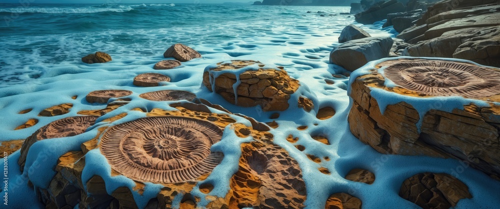 Poster ancient stone formations with fossilized textures surrounded by sea foam creating a striking coastal