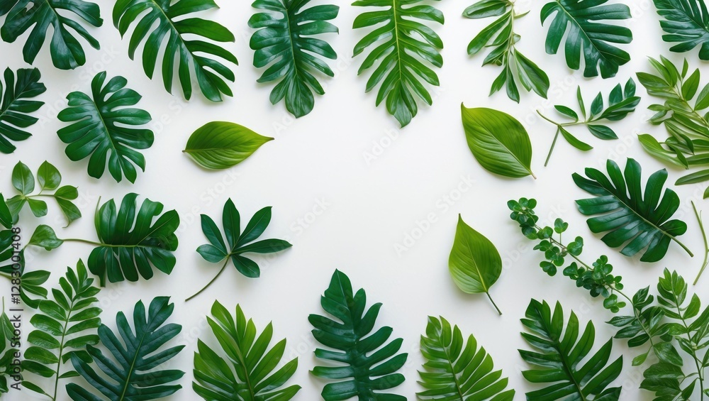 Poster green tropical leaves arranged on a white background creating a natural pattern with various shapes 