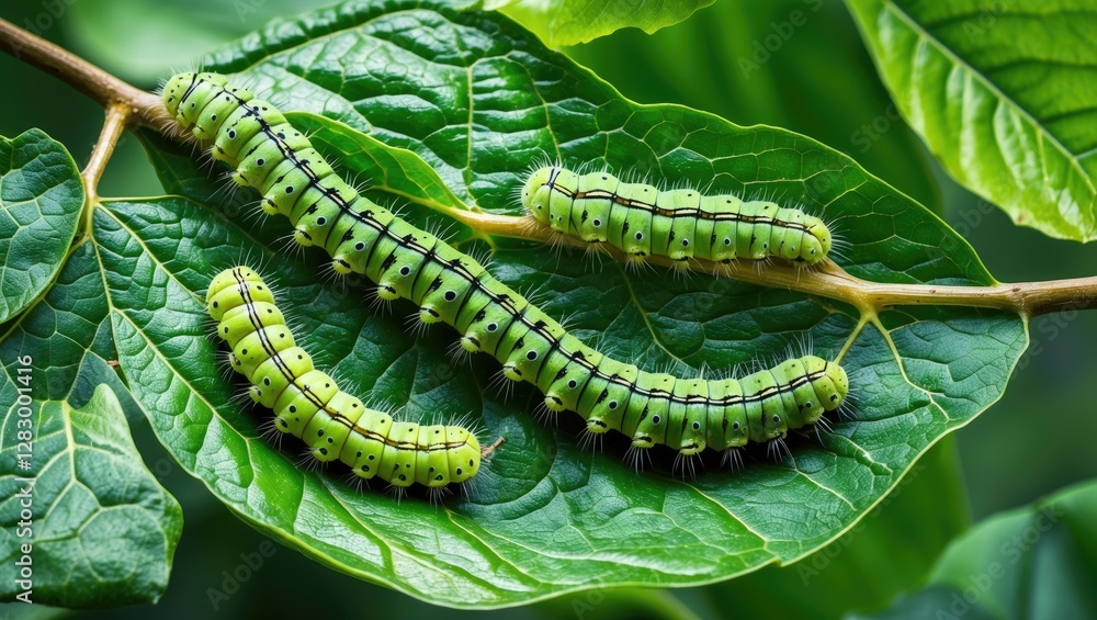 Poster green caterpillars on green leaves in natural habitat displaying detail of their segmented bodies an