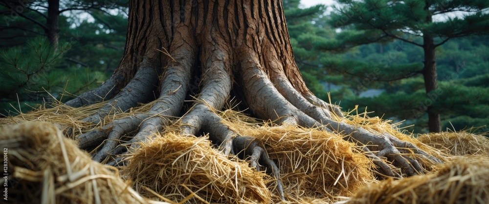 Poster large tree roots exposed on a grassy ground surrounded by straw and pine trees in a natural outdoor 