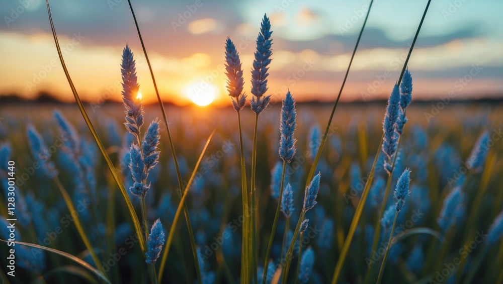 Poster sunset over grassy field with tall grasses and soft lighting against a colorful sky in the backgroun