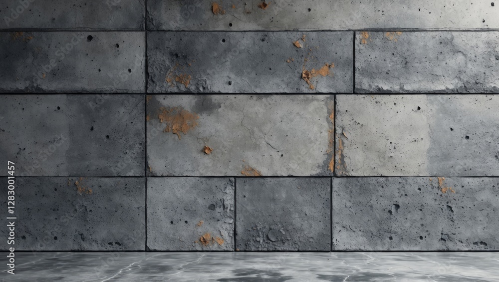 Poster concrete textured wall with gray blocks and rust stains interior background design for modern archit