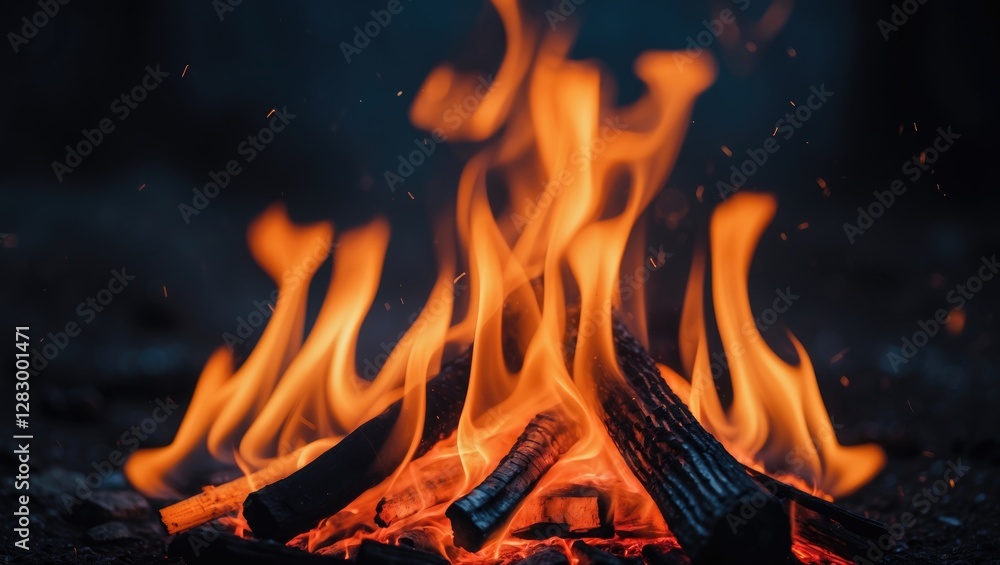 Poster vibrant flames dancing in the darkness creating an ethereal glow with a focus on warmth and tranquil