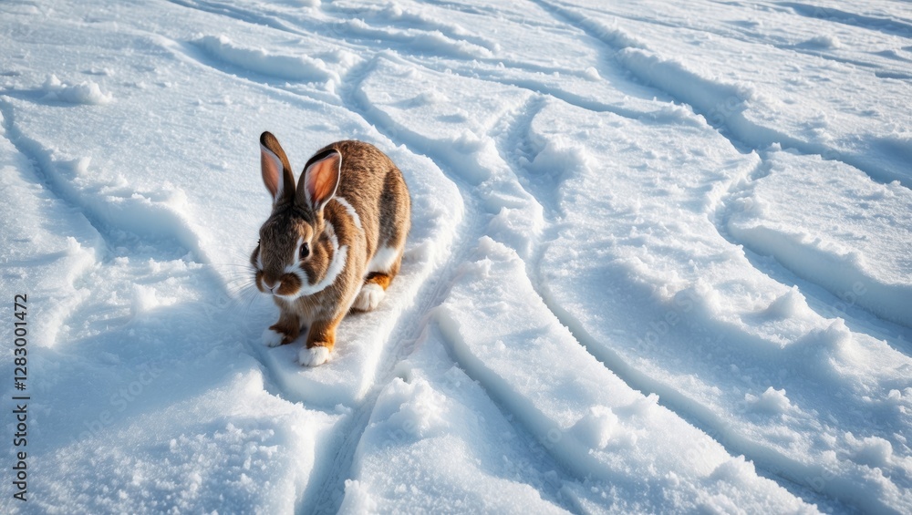 Poster rabbit walking on snow with visible paw prints and textured snow surface in bright daylight