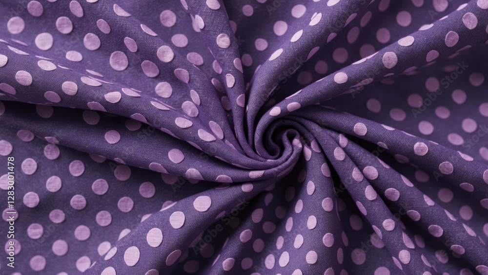 Poster purple fabric with round pink polka dots in a twisted arrangement showcasing texture and pattern det