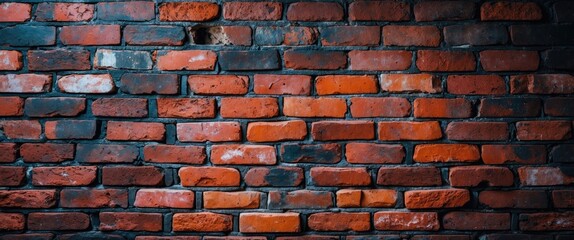 Red and black brick wall texture with uneven layers and weathered appearance suitable for backgrounds and architectural design
