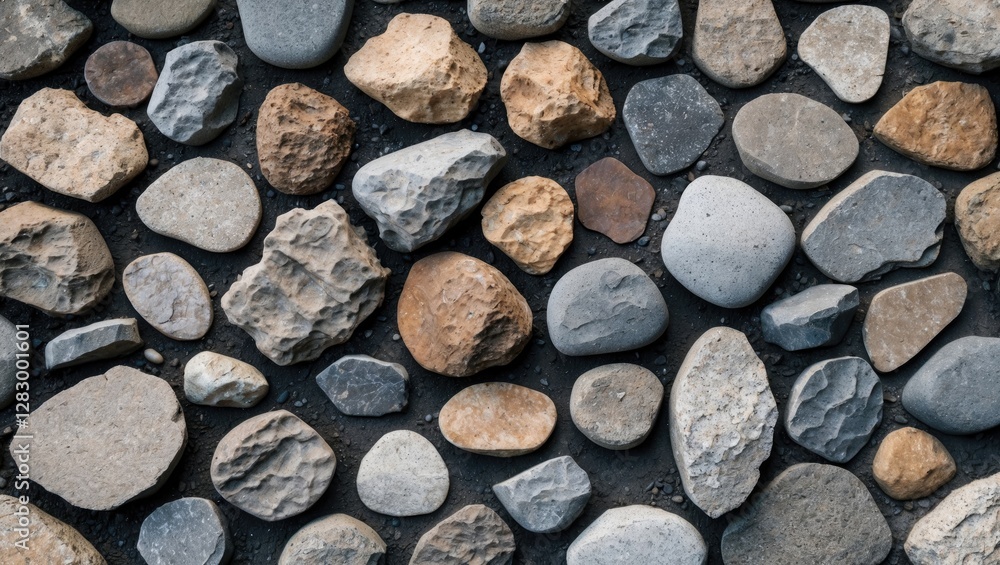 Poster variety of textured pebbles and stones arranged on a dark surface creating a natural background patt