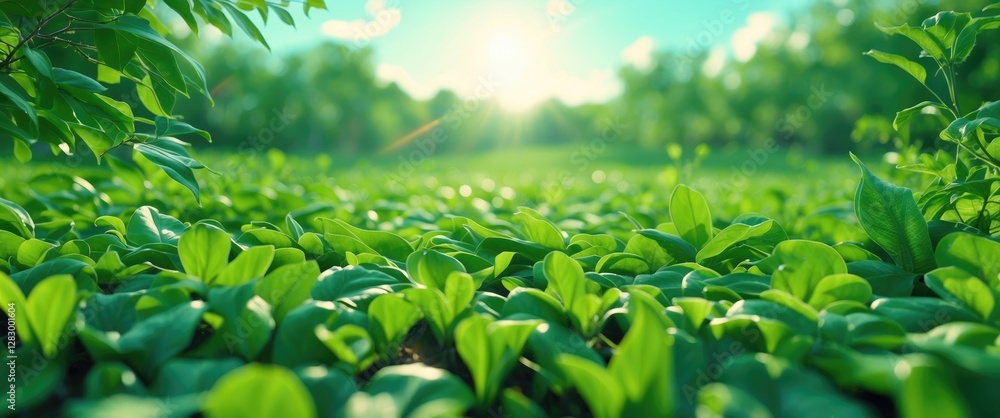 Poster lush green leaf backdrop with soft focus sunlight illuminating a vibrant spring field creating a nat