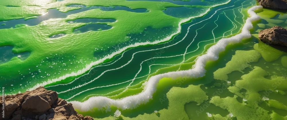 Aufkleber vibrant green algae patterns on the surface of a salt lake with white salt formations along the edge