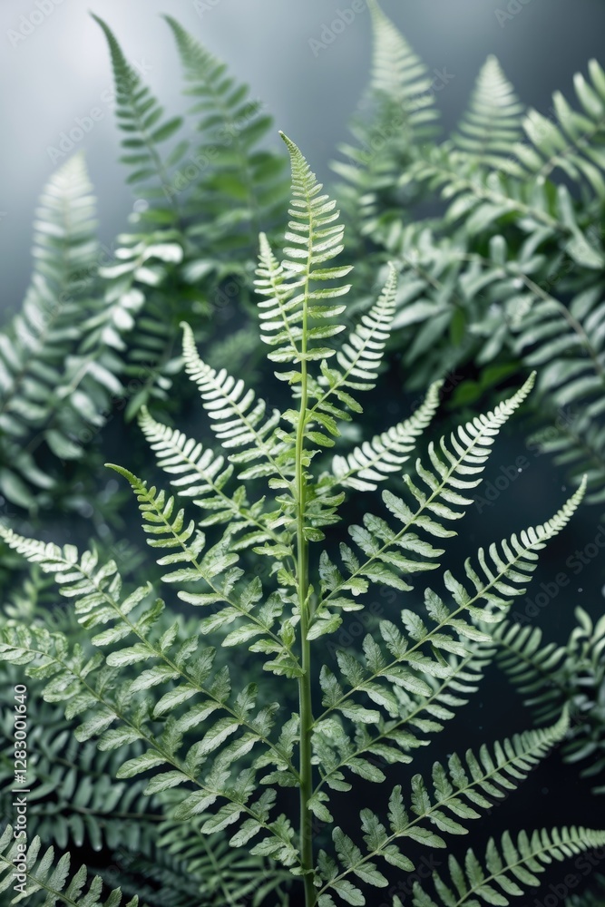 Aufkleber close-up of green fern leaves with intricate patterns and soft focus background, showcasing natural 