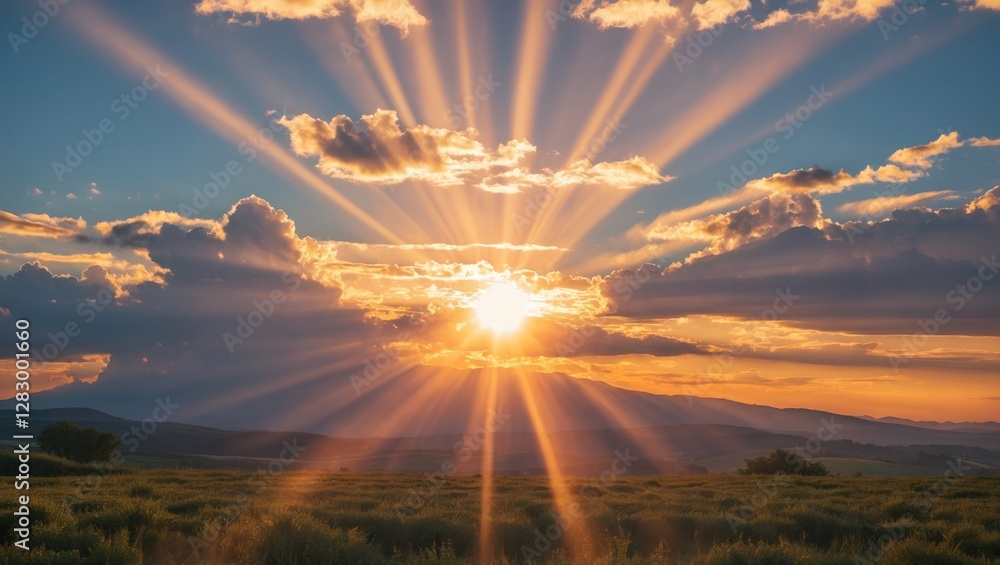 Poster sunrise over a vast landscape with dramatic rays of sunlight breaking through clouds illuminating th