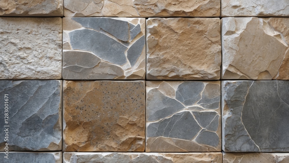 Aufkleber textured natural stone wall tiles in varying shades of gray and beige arranged in a patterned layout