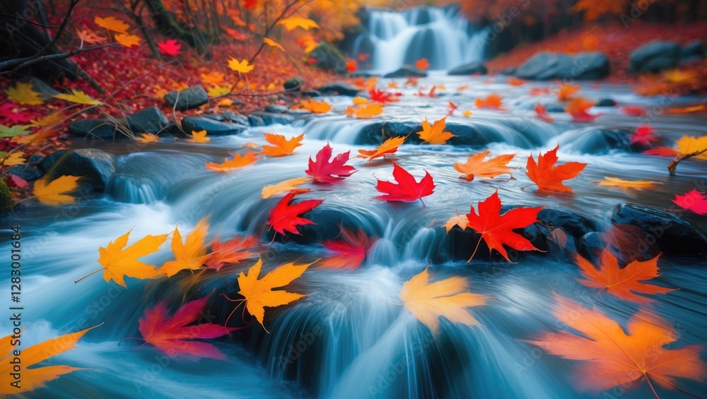 Poster Autumn stream with colorful maple leaves in motion blurring over rocky terrain with waterfalls in a vibrant forest setting