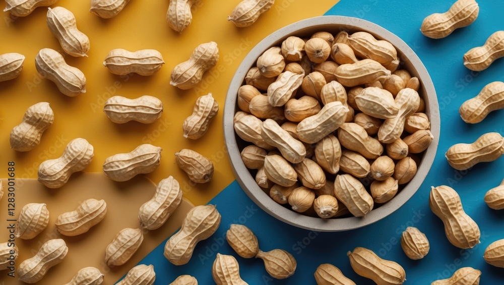 Poster peanuts in a bowl surrounded by scattered peanuts on a vibrant blue and yellow background flat lay v