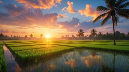 Sunset over lush green rice fields with palm trees reflecting in waterlogged terrain under colorful clouds