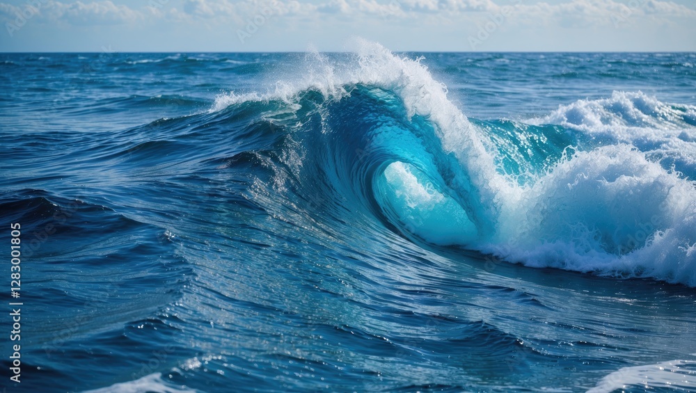 Poster dynamic ocean wave with turquoise curl against deep blue sea surface and bright sky in background na