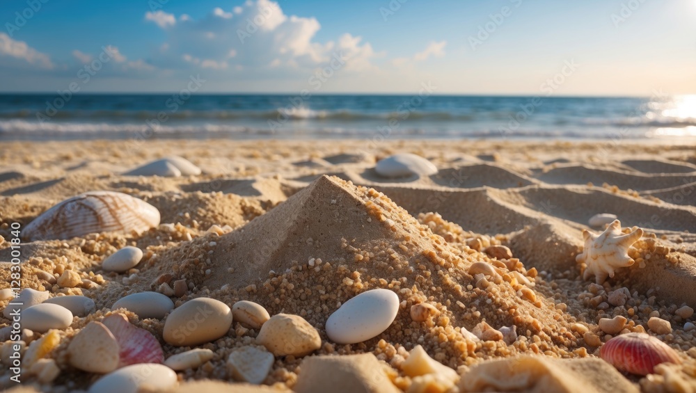 Poster seashore sand with shells in foreground and gentle waves in background under partly cloudy sky durin