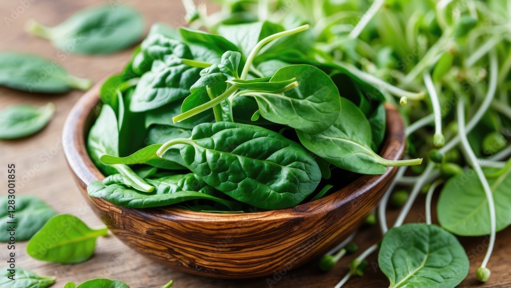 Poster fresh green spinach leaves in a wooden bowl with additional spinach leaves and sprouts on a rustic w