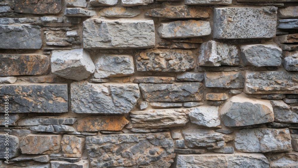 Poster Textured stone wall with various sizes and shapes of gray and brown stones arranged in an irregular pattern