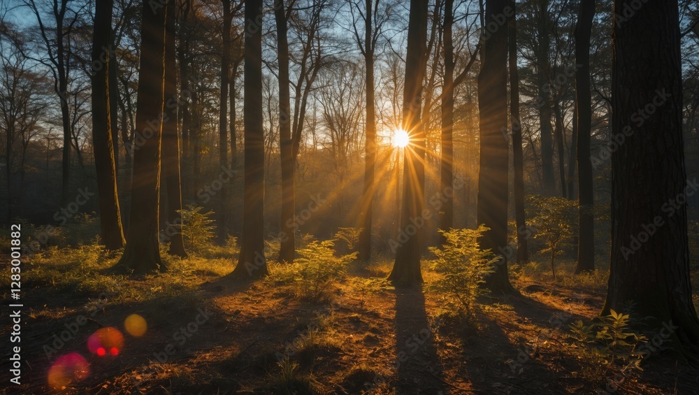 Poster sunlight filtering through trees in a dense forest during sunrise with dramatic golden rays and soft
