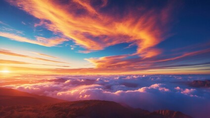 Fototapeta premium Colorful sunset over a mountainous landscape with vibrant clouds and a panoramic view above a sea of fog.