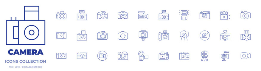 Camera icons collection. Thin Line icons, editable stroke. video camera, camera T, camera flash, photo camera, camera, no recording, camera stand, video