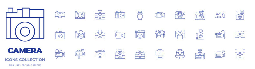 Camera icons collection. Thin Line icons, editable stroke. video camera, camera flash, camera T, photo camera, dash cam, camera, instant camera