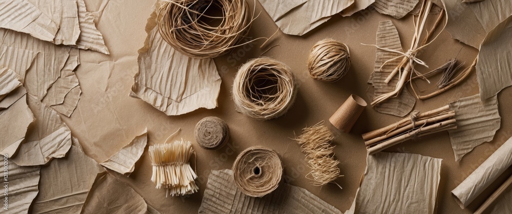 Poster Natural fibers and papers arranged on a flat surface showcasing various textures and forms for crafts or packaging use
