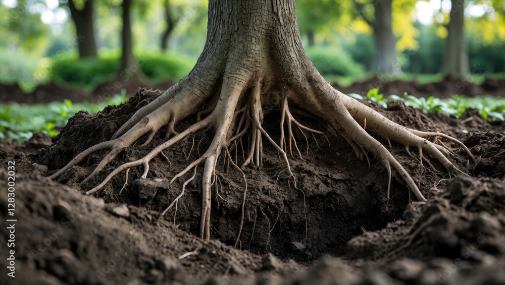 Poster tree roots exposed in rich soil with blurred green foliage in background during daytime