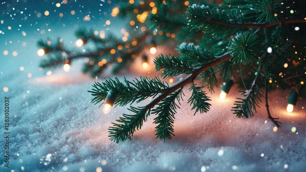 Poster christmas tree branches with glowing lights in snow with a bokeh effect during winter season night s