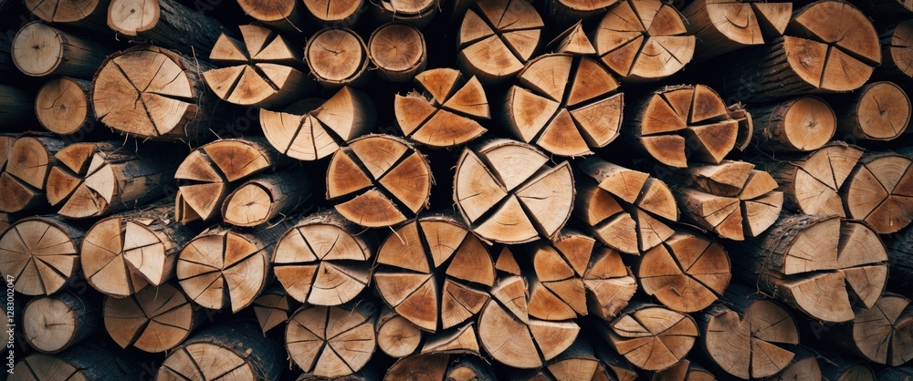 Poster stacked wooden logs background with cross sections displaying annual rings and cut patterns in natur