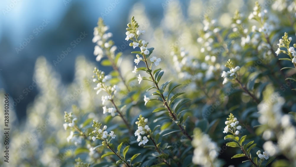Aufkleber Delicate white flowers with green leaves in a natural setting with soft focus and subtle background blur.