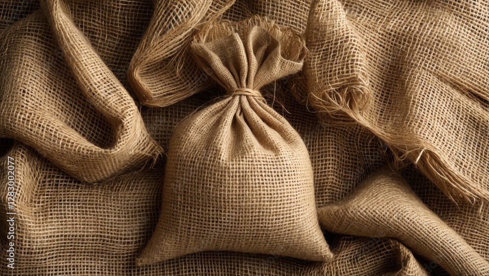 Poster Brown burlap sack on textured burlap fabric background displaying rustic textile craftsmanship