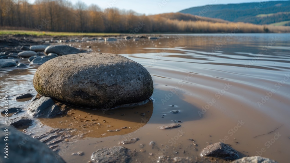 Poster large round stone resting on shore of calm lake with rippling water and autumn trees in background u