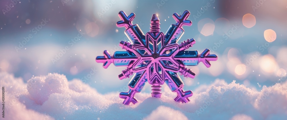 Aufkleber colorful metallic snowflake ornament on snow with soft bokeh background reflecting winter holiday th