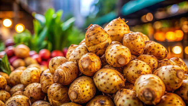 Dimpled eddoes tubers lie on a wooden crate. Side-lit imperfections add rustic charm. Blurred tropical stall.  