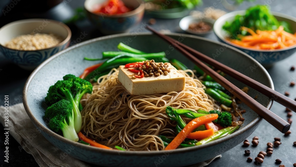 Poster vegetarian noodles with tofu and colorful vegetables served in a bowl with chopsticks on a dark text
