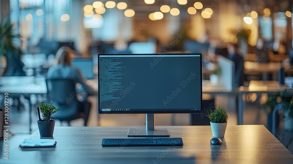 Poster focused view of a computer screen in the foreground of a modern minimalist office setting with blurr