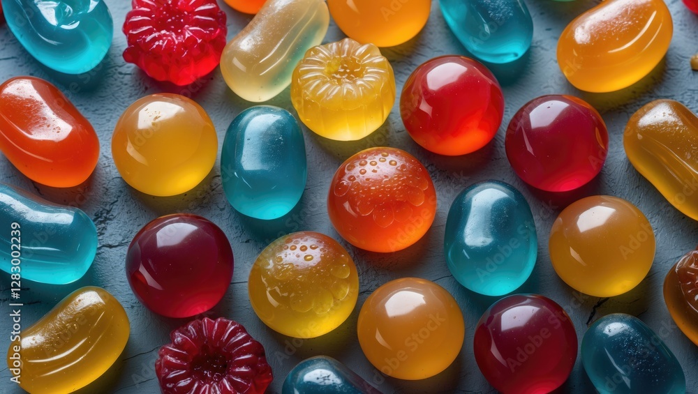 Poster colorful assortment of gummy candies in various shapes and sizes on a textured blue background