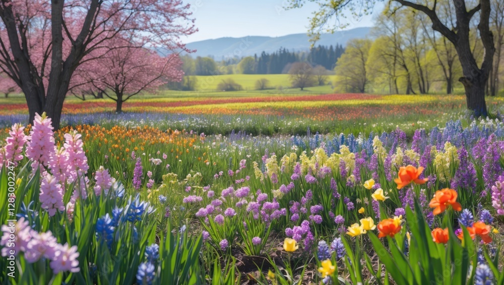 Poster vibrant spring flower field with diverse blooms and trees under clear blue sky with distant mountain