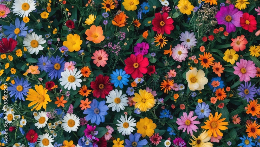 Poster colorful field of mixed wildflowers in full bloom with various shapes and sizes on green background.