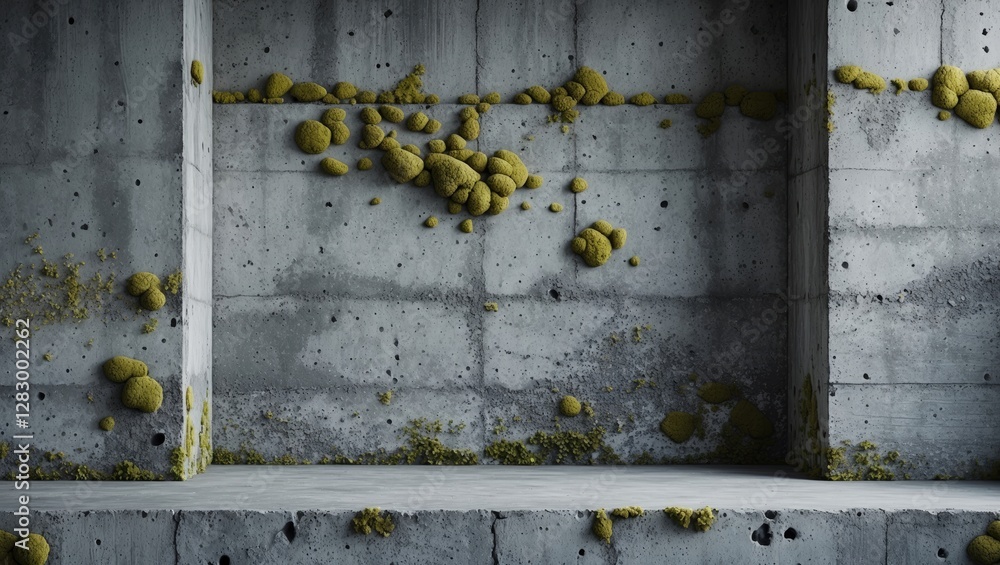 Poster Textured concrete wall with green moss growth and empty shelf space for display or design purposes.