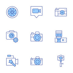 Camera icons set. Line Duotone style, editable stroke. camera, video call, photo camera, settings, video camera