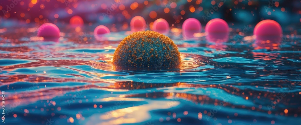 Poster abstract floating spheres with vibrant colors in water surface reflecting light during dusk or dawn 