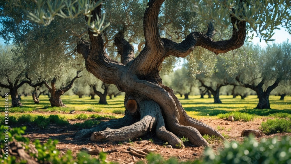 Poster olive tree with gnarled trunk in an olive grove under clear blue sky during daytime with green grass