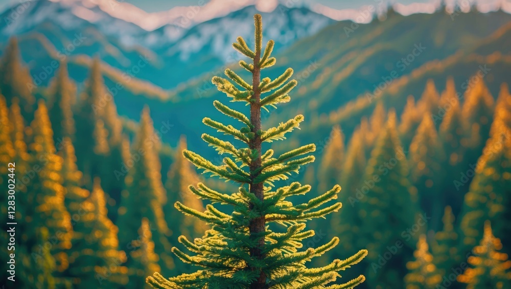 Poster close-up of a young pine tree in a lush green forest with distant snow-capped mountains during golde