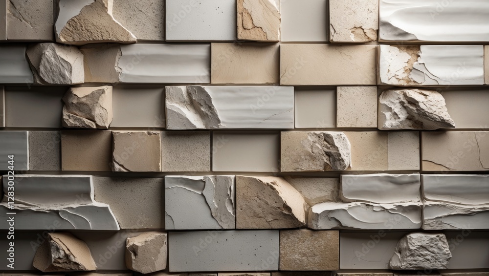 Poster textured wall tiles in beige and gray with uneven surfaces and natural stone elements creating a mod