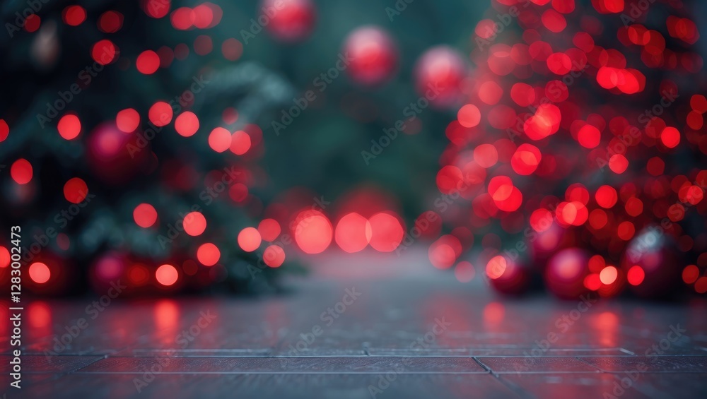 Poster out-of-focus christmas scene with red and gold ornaments on trees and soft bokeh lights on a wooden 